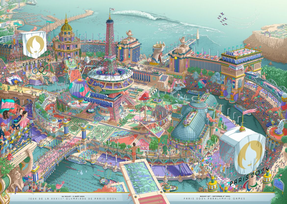 Ilustrație vibrantă a locului de desfășurare a Jocurilor Olimpice Paris 2024 cu Turnul Eiffel, stadioane sportive și decor festiv.