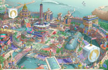 Ilustrație vibrantă a locului de desfășurare a Jocurilor Olimpice Paris 2024 cu Turnul Eiffel, stadioane sportive și decor festiv.