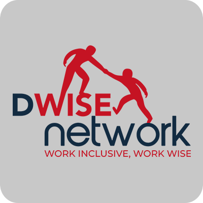 Logo-ul DWISE network cu două figuri umane stilizate în roșu care se ajută reciproc și textul ‘WORK INCLUSIVE, WORK WISE’ subliniind importanța incluziunii și înțelepciunii la locul de muncă.