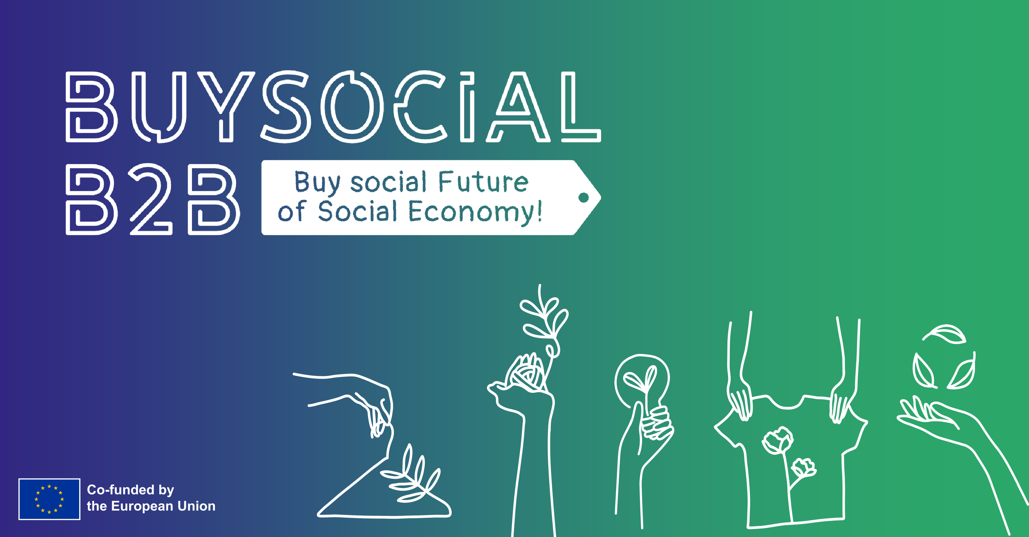 Imagine BuySocial B2B cu logo și ilustrații simple reprezentând economia socială și sustenabilitatea